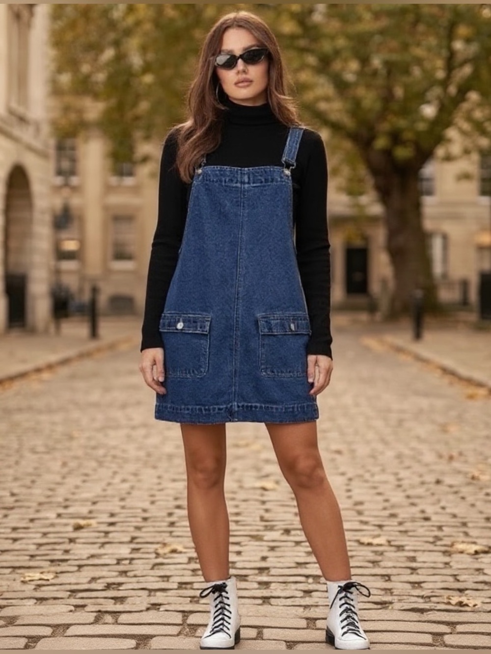 Edikted Overall Denim Mini Dress Blue Washed Cargo Pockets XL